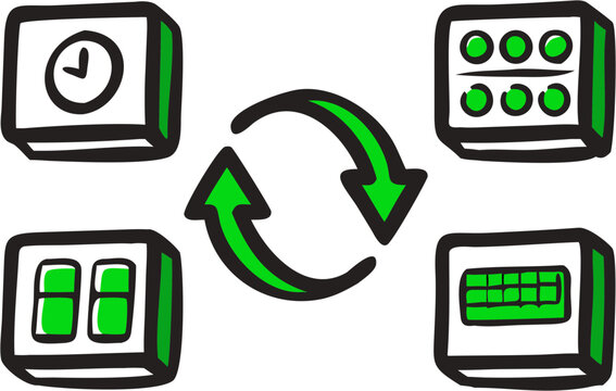 Digital clock and four abstract icons representing data calendar keyboard and time with a green circular arrow illustrating synchronization and workflow