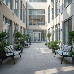 serene courtyard with benches and greenery in a modern building