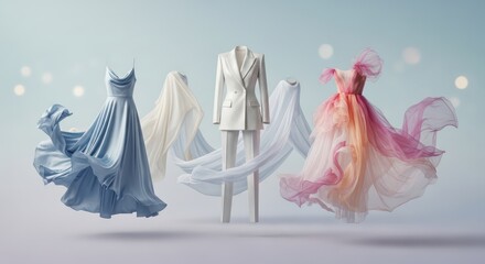 Elegant Fashion Ensemble: Flowing Dresses and White Suit on Light Background