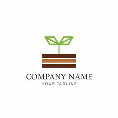 A minimalist logo featuring a green sprout growing from layered soil in a pot, with the text 