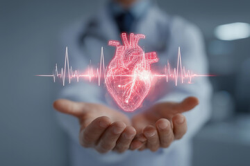 Holding a glowing heart hologram with a modern medical background during World Heart Day event promoting heart health awareness and cardiovascular wellness