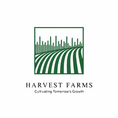 Green logo featuring a stylized farm field with crops and a cityscape, representing growth.