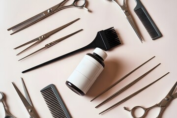Flat lay Minimal composition with black hair salon tools on pastel background.