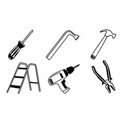 Fototapeta premium Illustration of various hand tools including screwdriver, hammer, drill, ladder