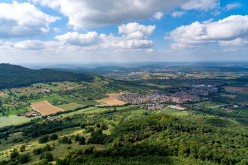 Aerial view of farmland and villages near Breitenstein, Swabian Alb