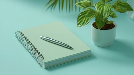 Spiral Notebook, Pen, and Plant: Minimalist Workspace Scene
