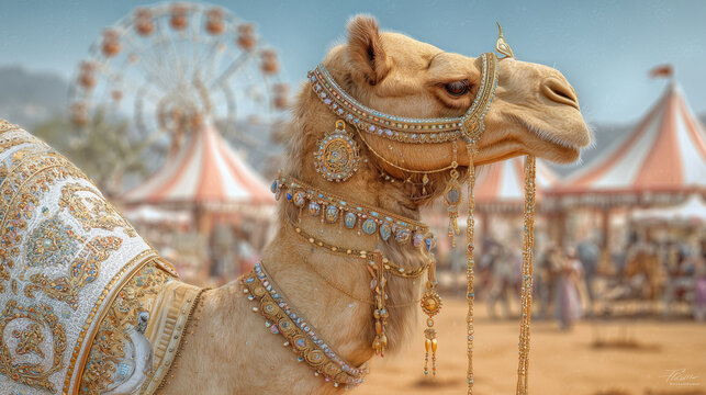 Pushkar Camel Fair, close-up of adorned camel with intricate patterns and jewelry, fair tents and Ferris wheel in background