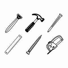 Fototapeta premium Hand drawn illustration of carpentry tools, featuring hammer, saw and screw