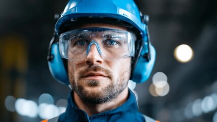A dedicated construction worker stands in a bustling industrial site, wearing protective gear and focused on ensuring safety measures while on the job
