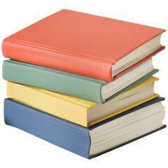 A stack of four colorful hardcover books with different colored spines and covers on a black background