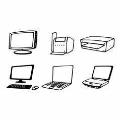 Illustration of various computer devices, including monitor, printer, laptop, and desktop