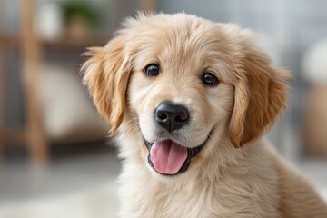 Golden Retriever Puppy with Floppy Ears and Tongue Out in Close-Up Portrait