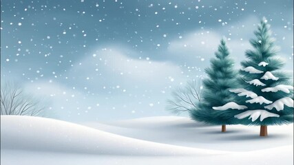 Snowy pine tree winter landscape with falling snow evergreen conifer hill, tranquil snow covered winter snowfall scene with soft blue cloud sky - Powered by Adobe