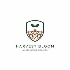 A minimalist logo featuring a shield with a plant growing from its roots, symbolizing sustainable growth and the brand 