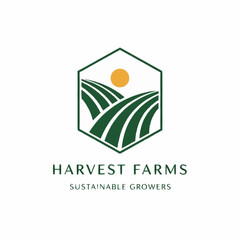 Harvest Farms logo featuring a green hexagon with fields, sun, and text for sustainable growers.