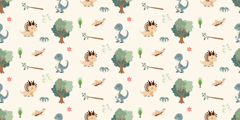 Cute dinosaurs pattern. Jungle dinosaurs animal seamless pattern. Safari dinosaurs and tropical plants. Perfect for fabrics, print, textile, wallpaper, decor.