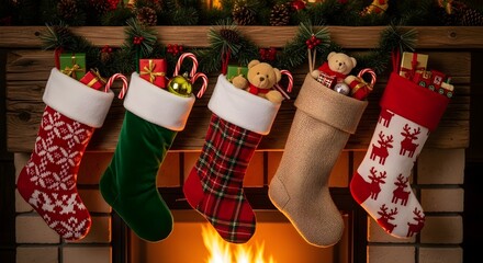 Christmas Stockings on Mantle Ready for Santa