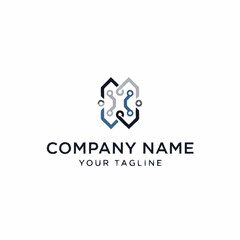 Abstract technology logo with interconnected circuit board elements in blue and grey, suitable for a company brand.