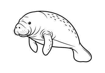 Minimalist black and white line art of a manatee, a gentle aquatic mammal, ideal for educational content, coloring pages, or graphic design projects