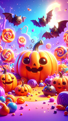 A whimsical and cute 3D scene of a candy-filled, Halloween world. smiling, rounded jack-o'-lanterns,  bats and lollipops growing from the ground.