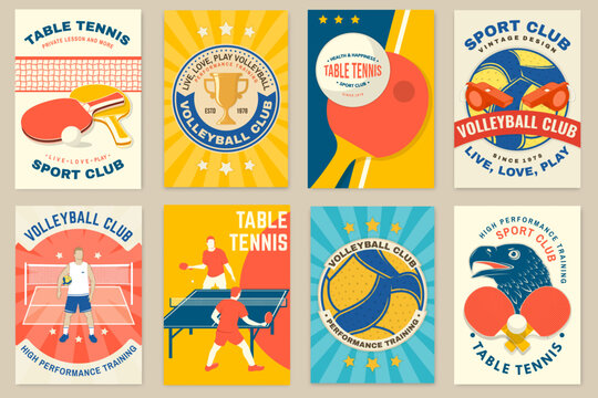 Set of table tennis and volleyball sport club poster, banner, magazine template with volleyball ball, player, ping pong, table tennis rackets. Vector.