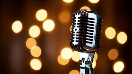 A shiny retrostyle chrome microphone stands on the right against a dark background with numerous soft yelloworange bokeh lights - Powered by Adobe