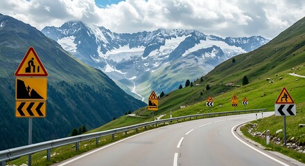 Scenic mountain road with warning signs and glaciers.