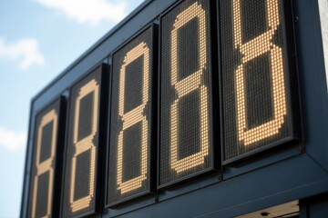 A closeup view of a digital gas station price display showing the number 8888 in orange segmented digits against a blue sky