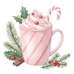 watercolor illustration of a pink mug with snowflake White Background