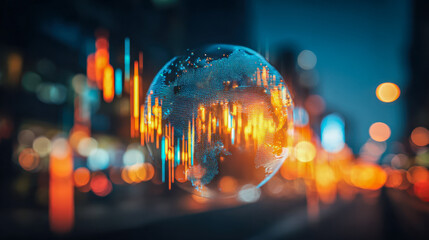 Abstract digital globe with glowing financial graph bars floating over blurred city lights representing global economy and futuristic technology concepts at night
