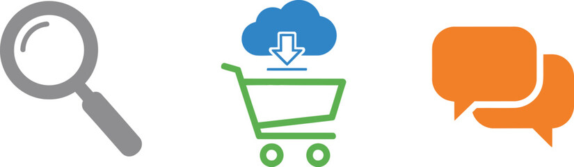 Collection of icons representing online search shopping and communication for digital services vector