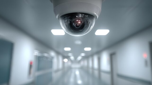 Security camera mounted on ceiling overlooking an empty brightly lit hospital hallway