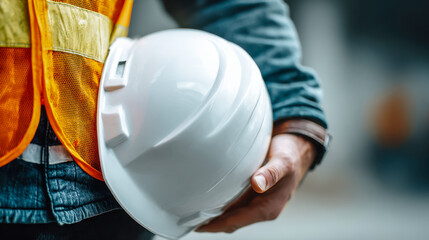 Construction worker holding white safety helmet while wearing high visibility orange vest and denim shirt during building site inspection or project planning