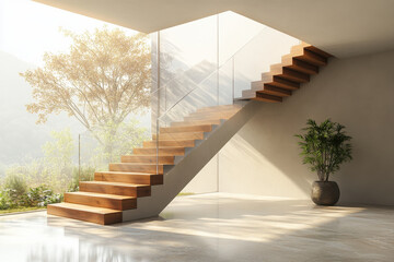 Wooden steps and glass railings on a modern staircase.