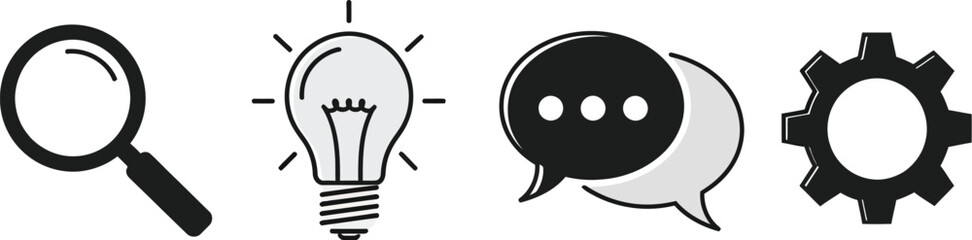 Creative icons representing search idea communication and gears for business growth concepts vector