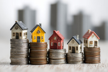Miniature houses placed on stacks of coins symbolizing real estate investment and property value growth in a financial or housing market context