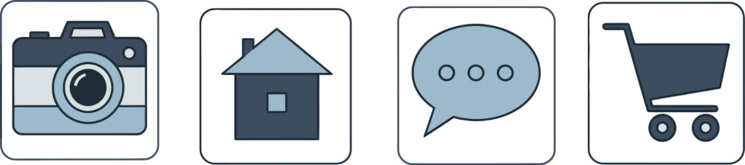 Collection of four simple flat design app icons representing camera home chat and shopping cart vector