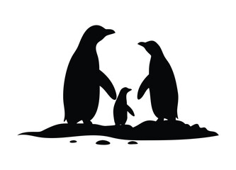 Adorable penguin family silhouette standing together on snowy ground