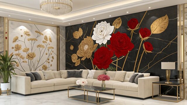 Fototapeta AI generated image of living room interior with a sofa and vibrant floral wallpaper — golden glamour statement