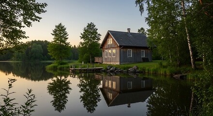 Fototapeta premium Peaceful Lakeside Cabin at Dawn.