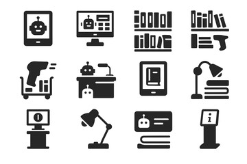 Ai librarian kiosk tech vector trolley card library stack icon membership information