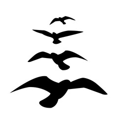 Silhouettes of Flying Birds, Flock of Birds, Birds in a Row, Ascending Birds. A minimalist and symbolic image of four black bird silhouettes flying in a line.