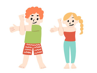 方のストレッチをしている男女の手描きイラスト