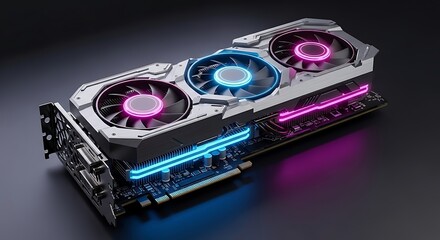 High end modern graphics card with RGB lighting three fans technology