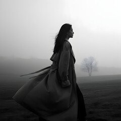 Naklejka premium Woman in trench coat walking in foggy field, side view.