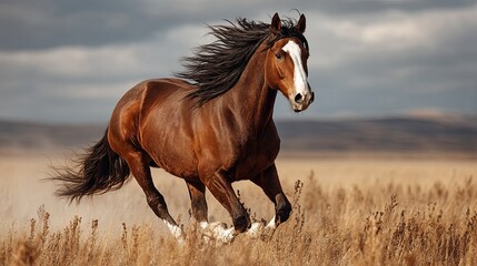 Obraz premium Brown Horse with White Stripe Running Through Grassy Field with Mountain Backdrop