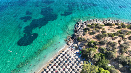Fototapeta premium Aerial drone photo of bay of Porto Rafti famous Athenian summer destination, Attica, Mesogeia, Greece