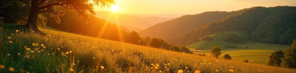 Naklejka premium Serene landscape bathed in golden sunlight, perfect for mindful solitude and self-care Find peace and tranquility in nature's embrace, fostering inner wellness , wellbeing, happy