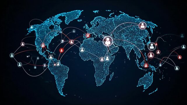 Digital world map formed by blue dots depicting a global network of white and red person icons connected by lines on a dark background