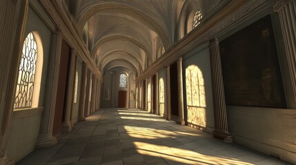 Obraz premium Sunlit colonnaded hall with ornate windows.